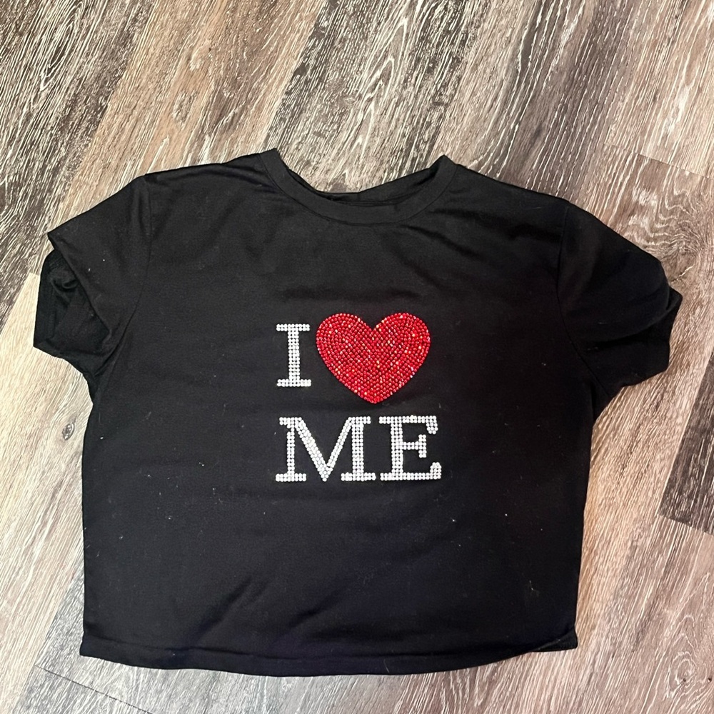 Black T-Shirt with Red Heart 'I ♥ ME' Graphic